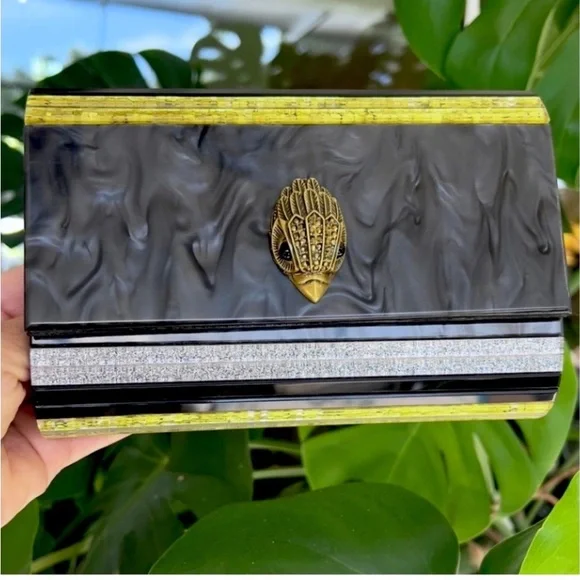 KURT GEIGER NWT BLACK MOTHER OF PEARL  glitter Party clutch on chain black - Picture 3 of 15